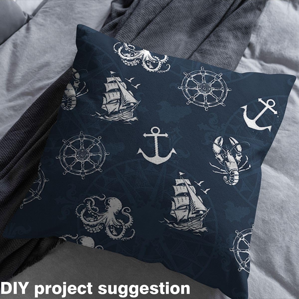Feelyou Nautical Fabric by The Yard,Ocean Themed Upholstery Fabric, Anchor Decor Outdoor Fabric, Sea Adventure Reupholstery Fabric for Chairs, 3 Yards, Navy Blue