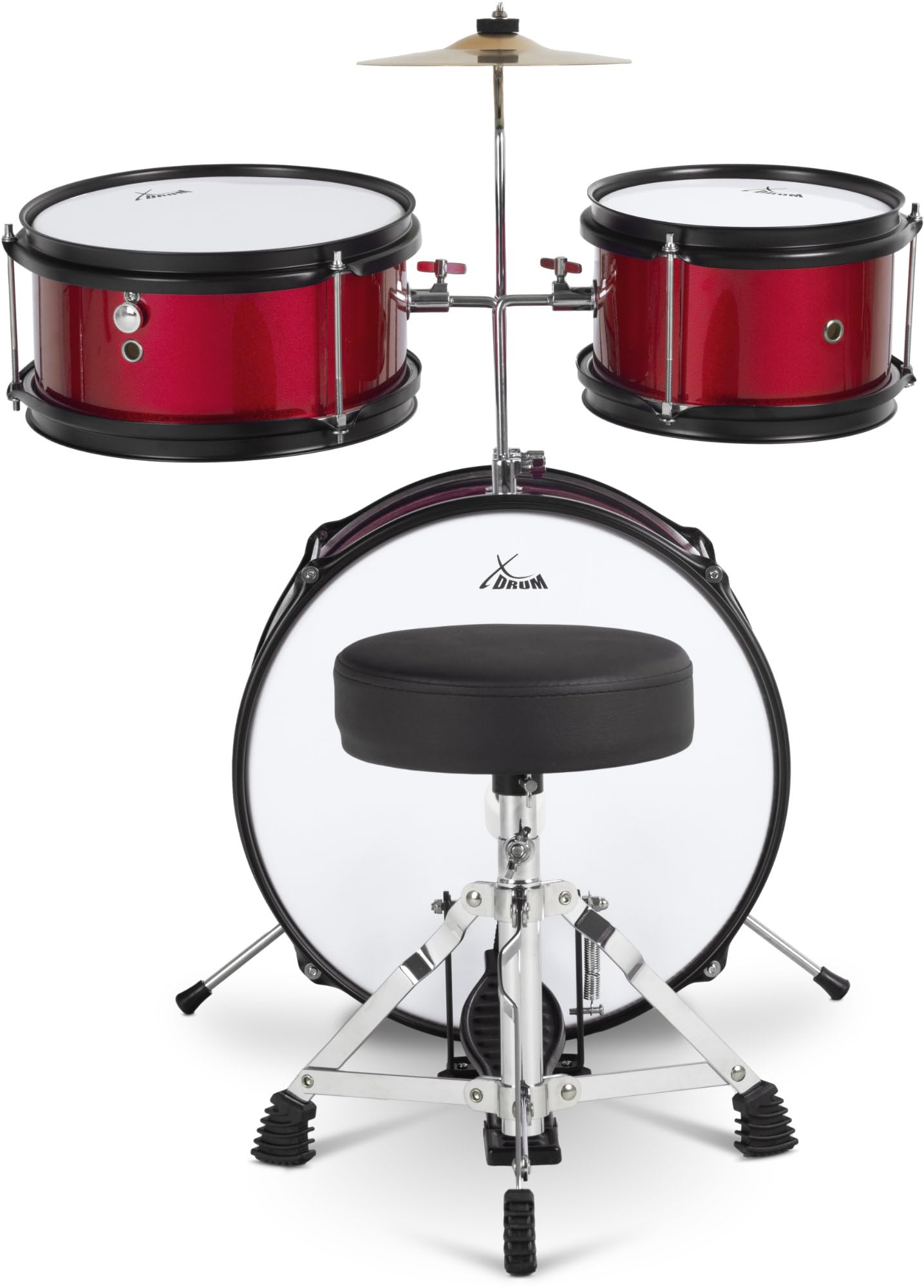 XDrum Junior KIDS Schlagzeug inkl. Schule - Kompaktes Kinderschlagzeug - Für Kinder im Alter von 3-5 Jahren - Kinderleichter Aufbau - Mit Schule, Hocker, Drumsticks & Stimmschlüssel - Rot