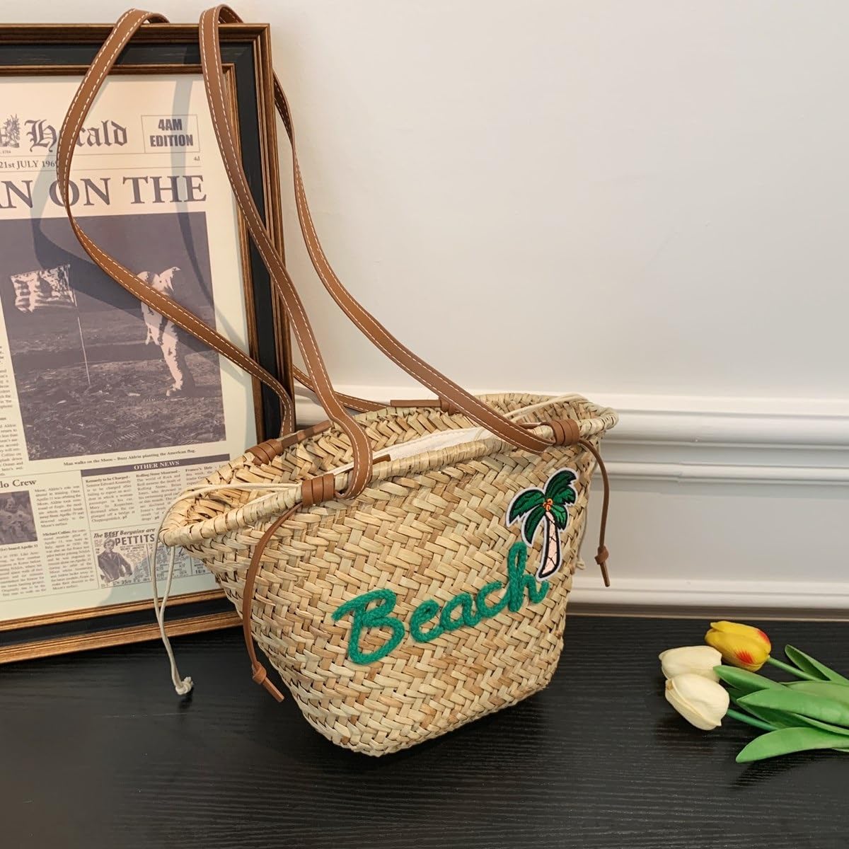 borsa donna estiva Borsa in paglia intrecciata con alfabeto ricamato da donna viaggio Vacanza al mare Spalla di grande capacità