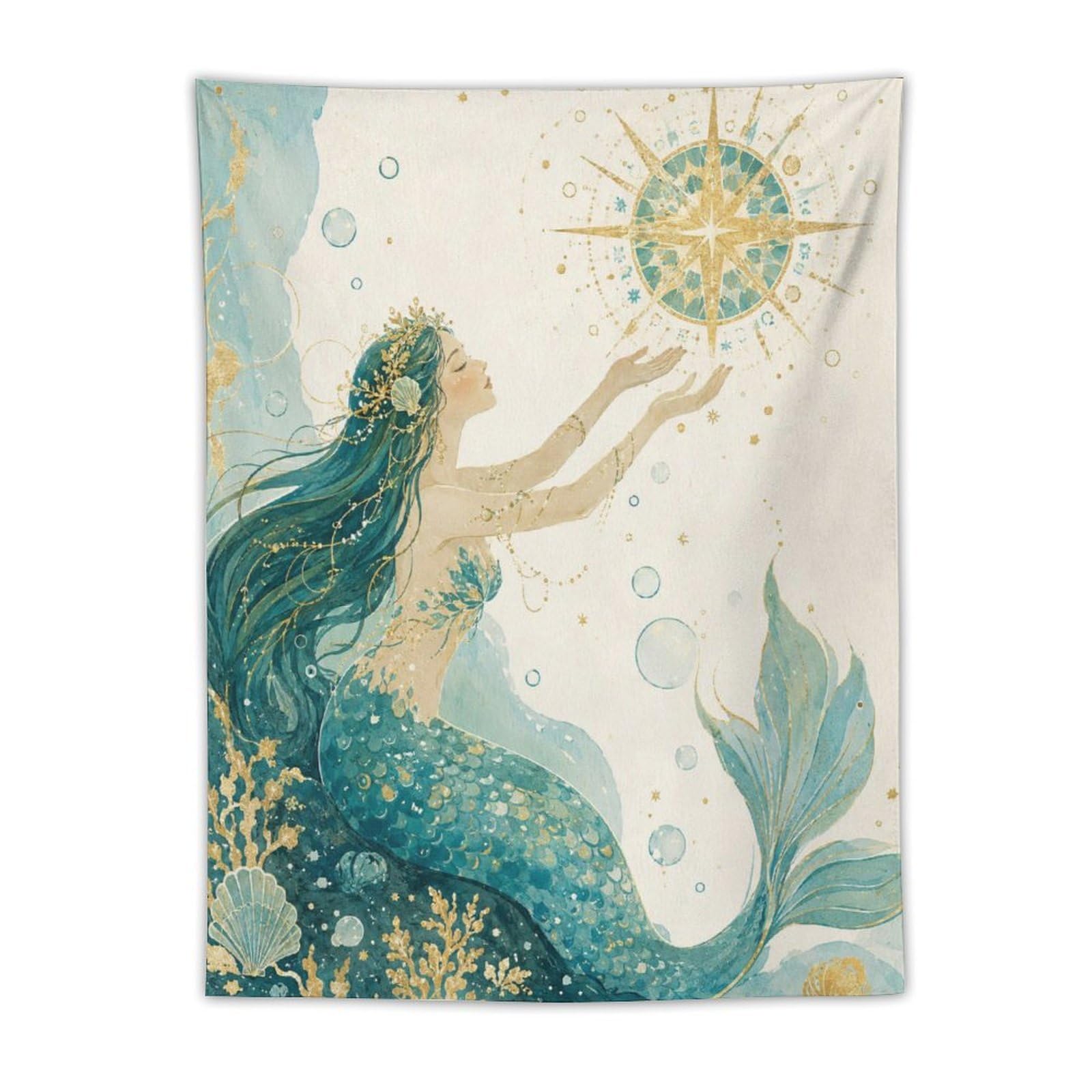 H3B8U2Y5 Mermaid with Golden Sun Wall Tapestry, Watercolor, Dorm Room