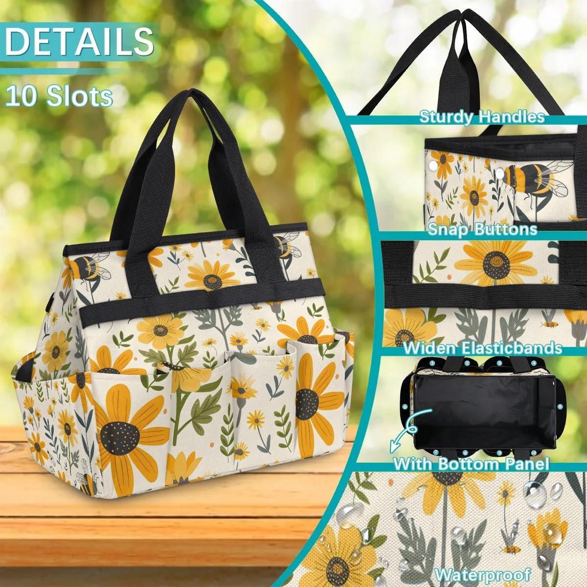 Bee Flower Garden Tool Bag for Women Waterproof & Reusable Heavy Duty Gardening Tote Storage Organizer Toiletry Bag with 10 Pockets for Garden Lawn Yard Casual Camp