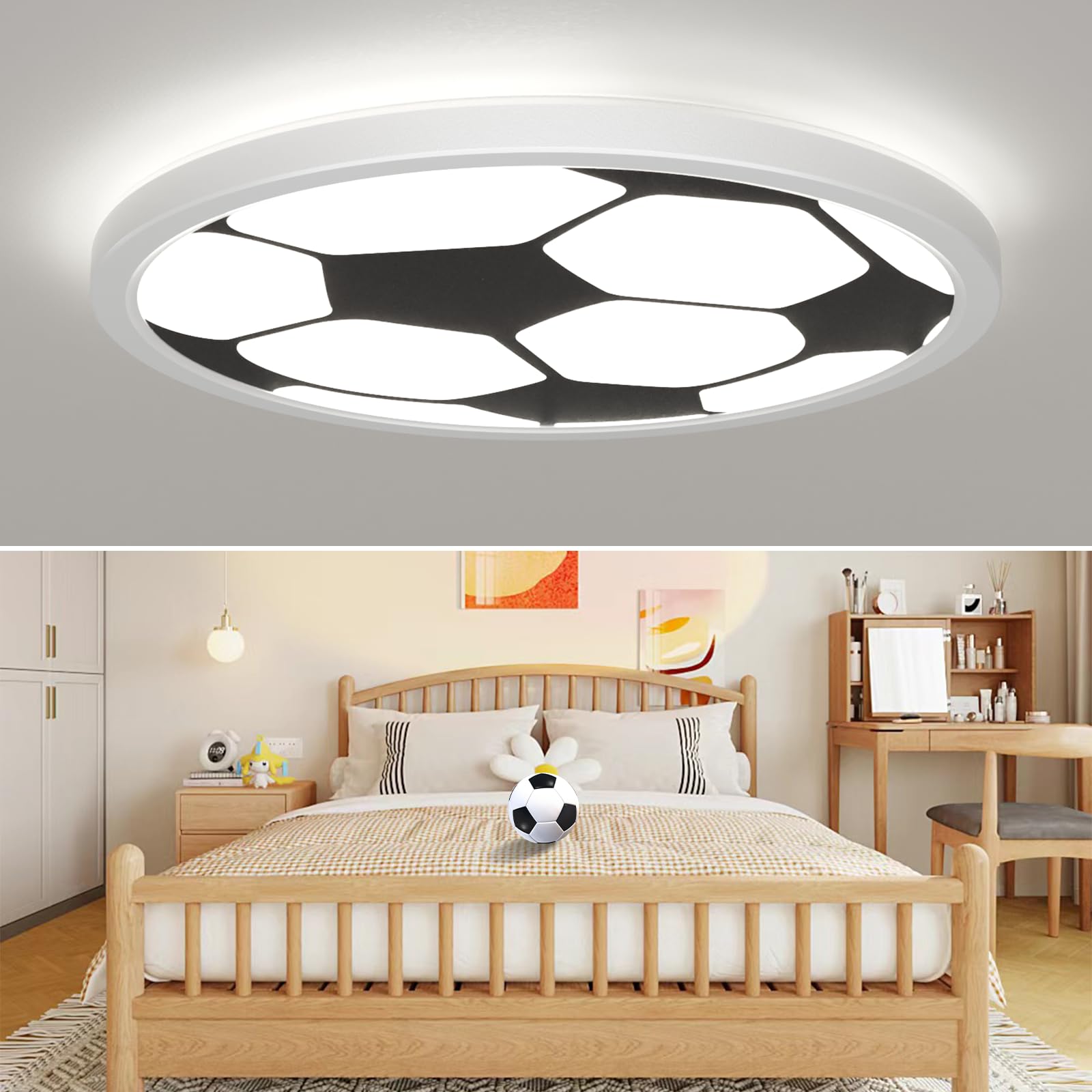 Plafón LED plano de 24 W, plafón LED redondo 4000 K blanco cálido, plafón LED para salón, dormitorio, oficina, cocina, baño, pasillo, balcón, niña, niño, habitación infantil, diámetro de 30 cm, fútbol