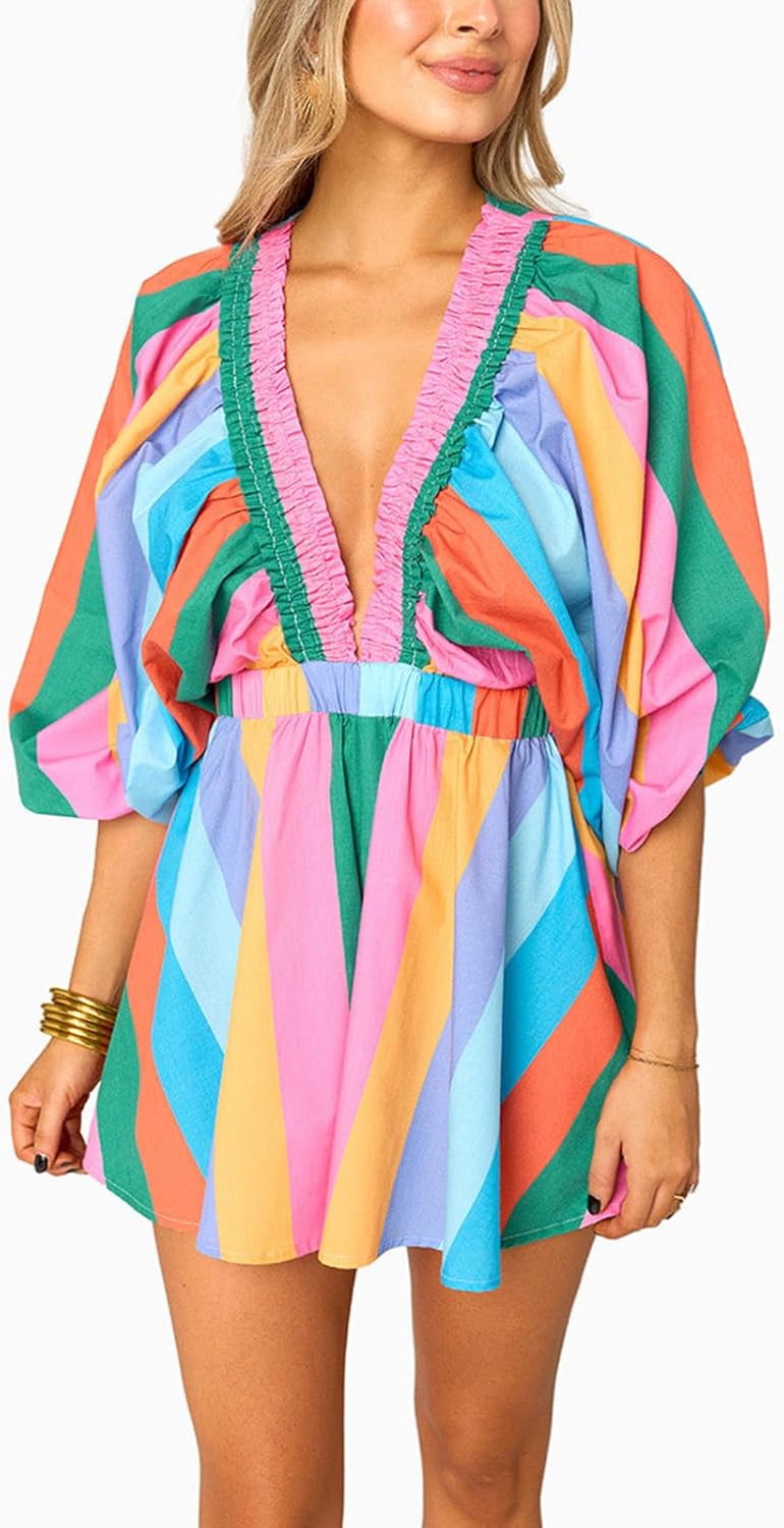 women's long puff sleeve short romper summer cute deep v neck flowy tropical beach vacation playsuit resort wear 2025 colorful large