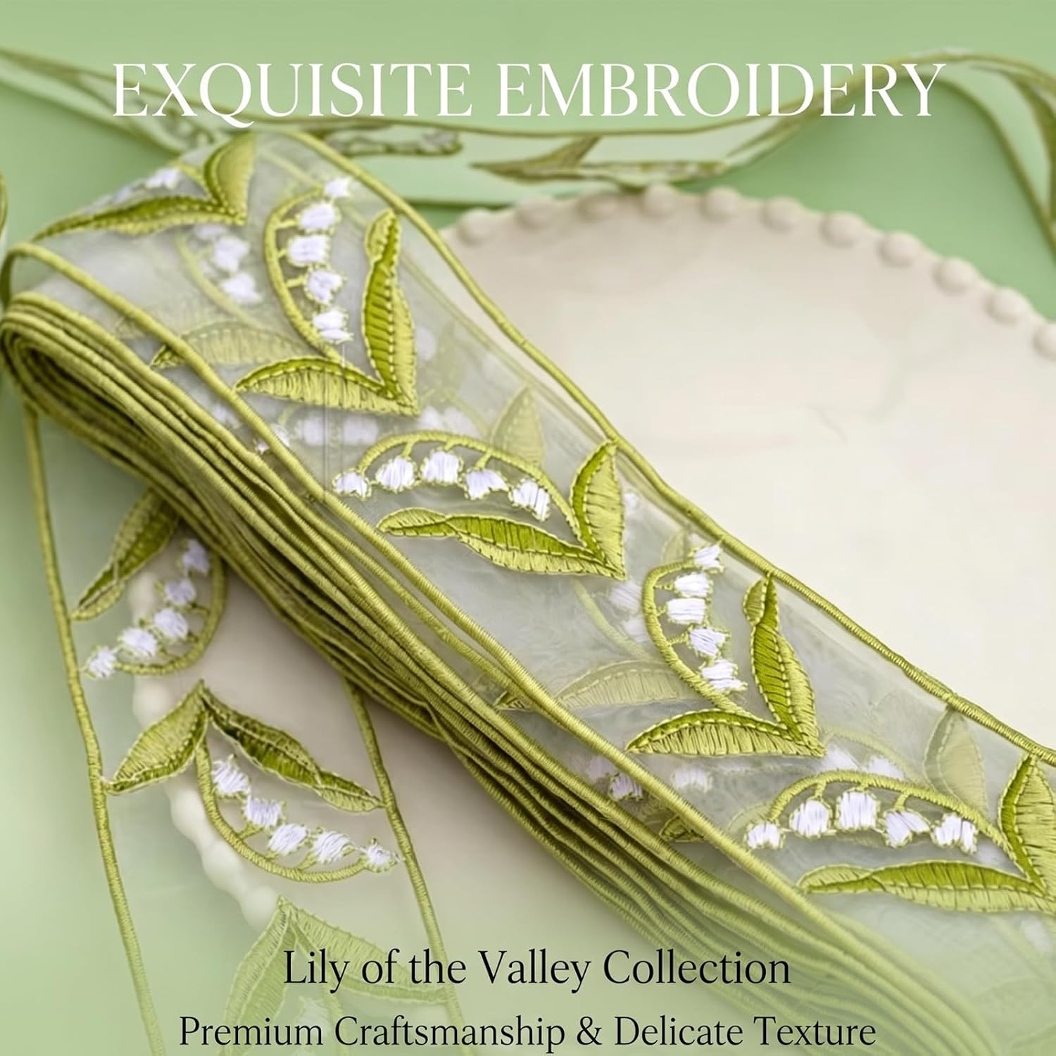 3Yards Organza 3D Lily of The Valley, Green and White Embroidery Floral Ribbon Sewing Lace for Bridal Wedding Applique Dress DIY Craft Decoration