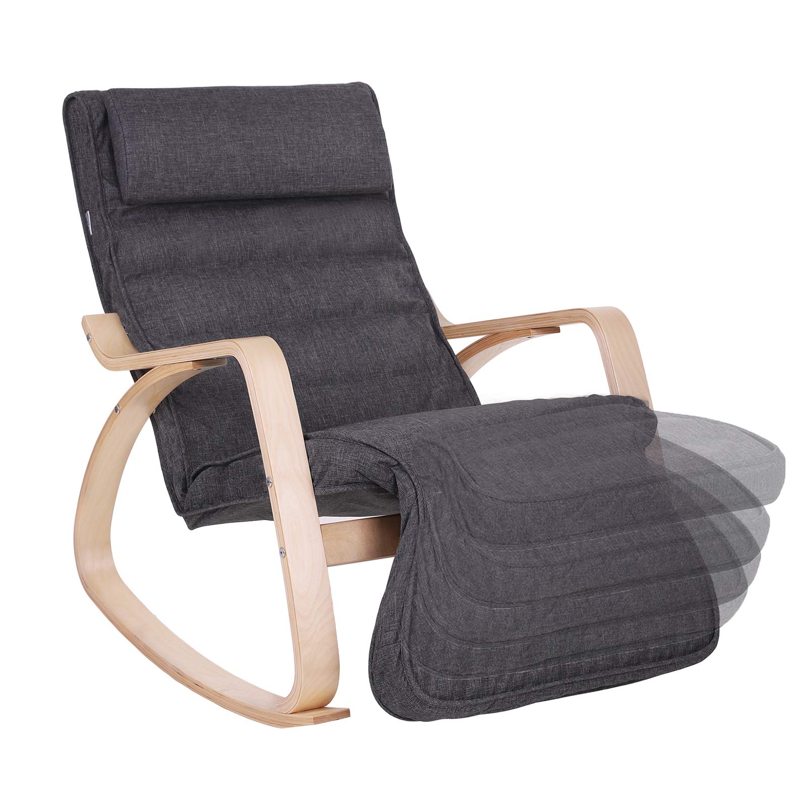 SONGMICS Sedia a Dondolo, Poltrona Oscillante con Poggiapiedi, Schienale Ergonomico, Strutture in Legno, Fodera in Cotone Sfoderabile, 67 x 125 x 91 cm, Carico Massimo di 150 kg, Grigio Scuro LYY42GYZ
