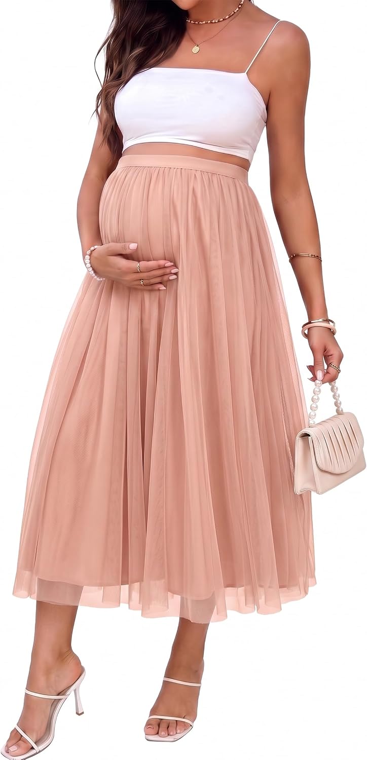 BLENCOT Maternity A Line Tulle Skirt Elastic Waist Mesh Midi Tutu Skirts for Night Outfit Wedding Party
