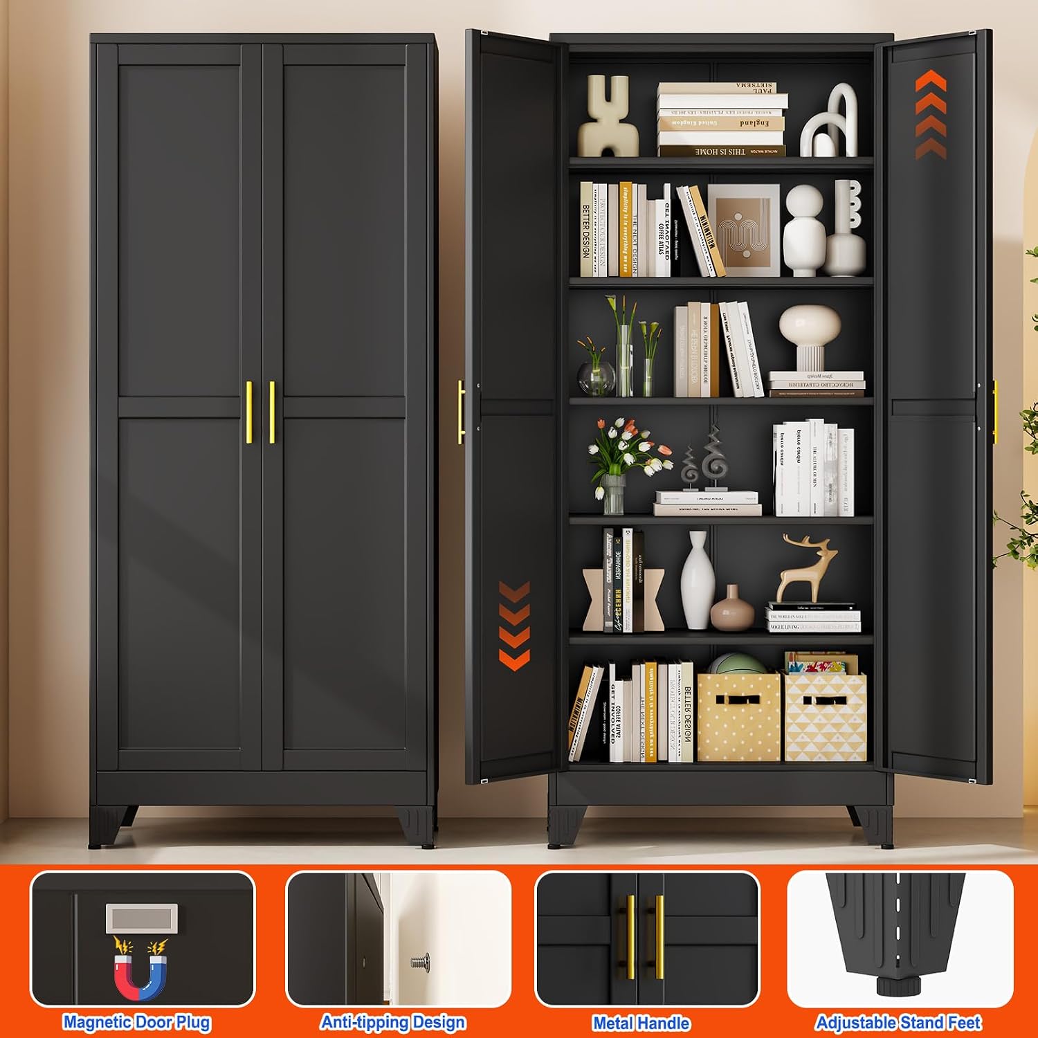 GAIOUS 74.8''Tall Metal Garage Storage Cabinet,File Cabinet with Door and Adjustable Shelves, Outdoor Steel Tool Cabinet for Home,Office,Warehouse,Garage,Black