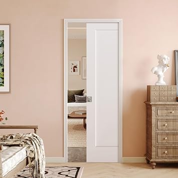 BARNSMITH 30in x 80in Sliding Pocket Door, Track Hardware and Frame Kits with 1-Panel White Paintable Door Slab & Satin Nickel Privacy Latch Included, Soft Close Mechanism, Durable and Smooth