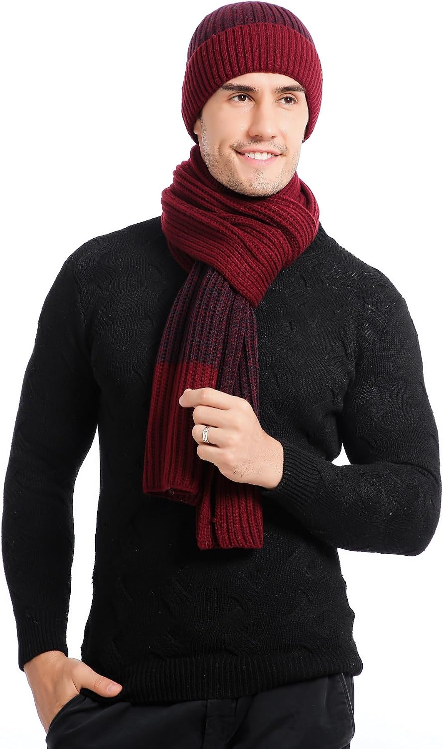 Ensemble Bonnet Écharpe Gants Homme Laine 3 Pièces - Chapeau Crâne Hiver Chaud Avec Écran Tactile & Sac De Transport