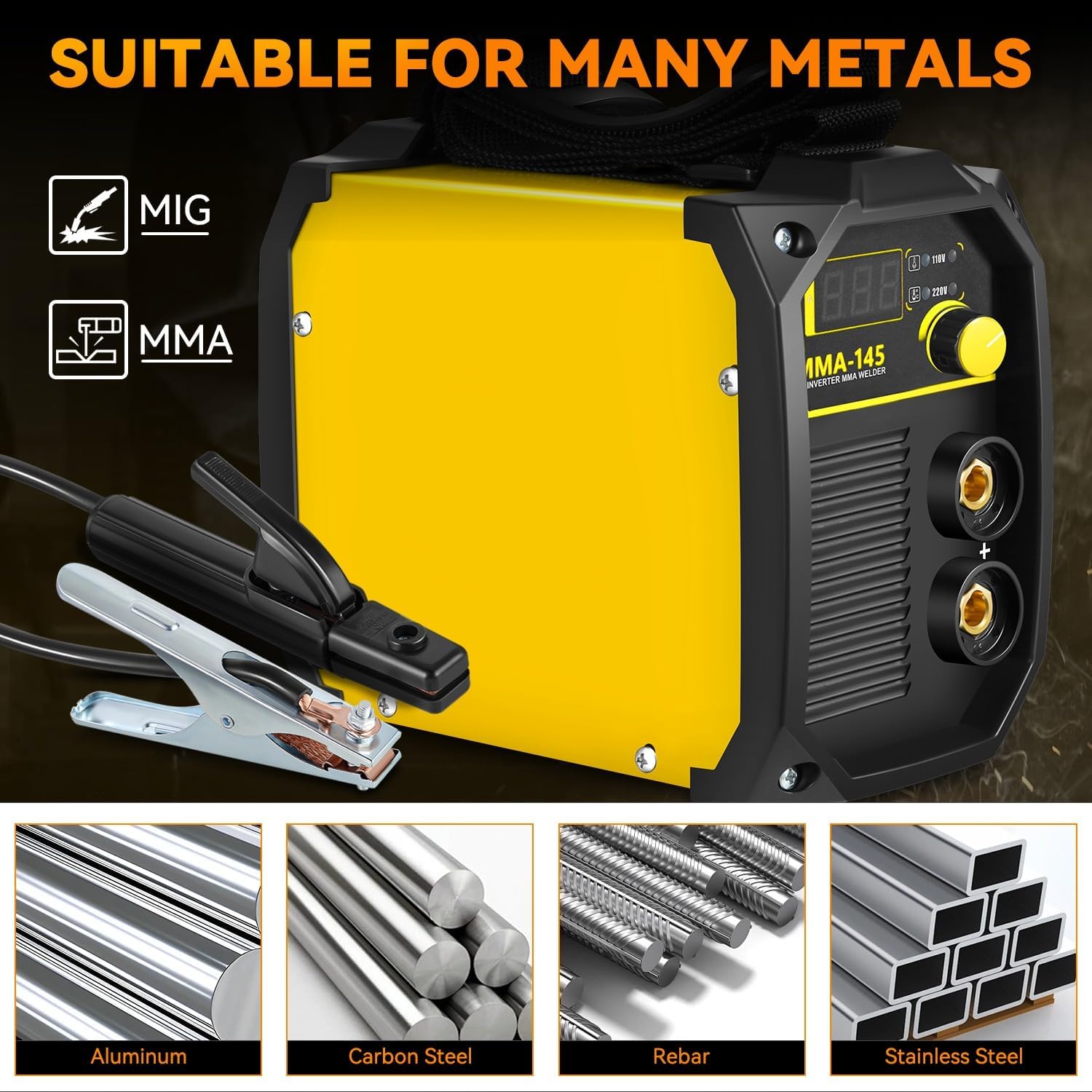 Auto Dynasty 140A Stick Welder 110V/220V MMA Portable Welding Machine with IGBT Inverter Automatic Wire Feeding LED Digital Display for DIY Enthusiasts and Small Welding Projects, Yellow