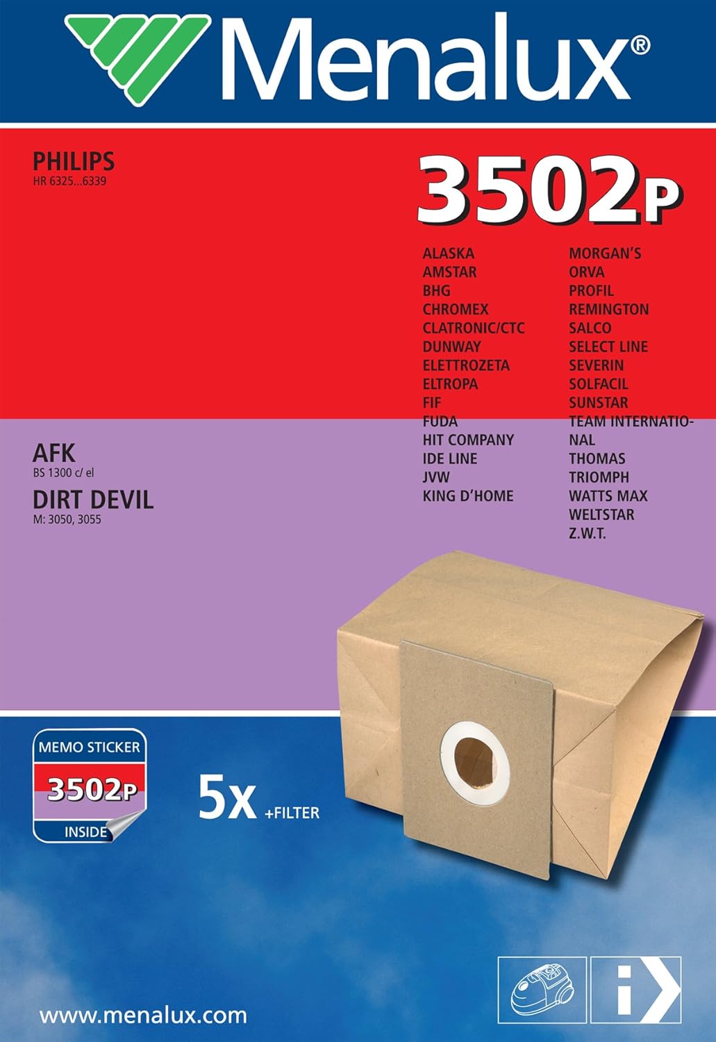 Menalux 3502 P 5x Vacuum Cleaner Bags for AFK Alaska Clatronic Dirt