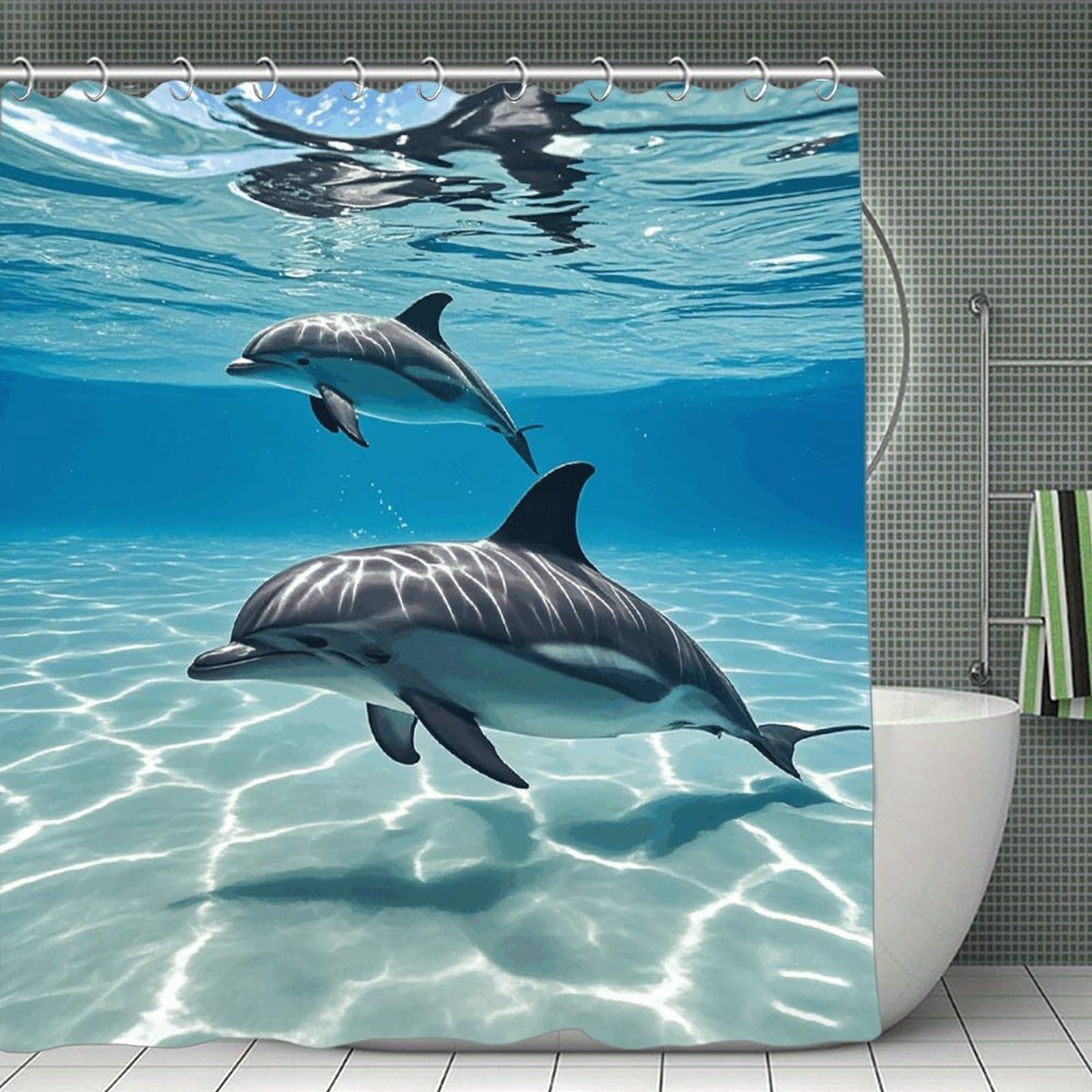 VstaDank Dolphins Shower Curtain Waterproof Bath Curtain with Hooks Heavy Duty Long Curtains for Bathroom Showers Machine Washable Decor Bath Curtains 70.8×70.8Inch