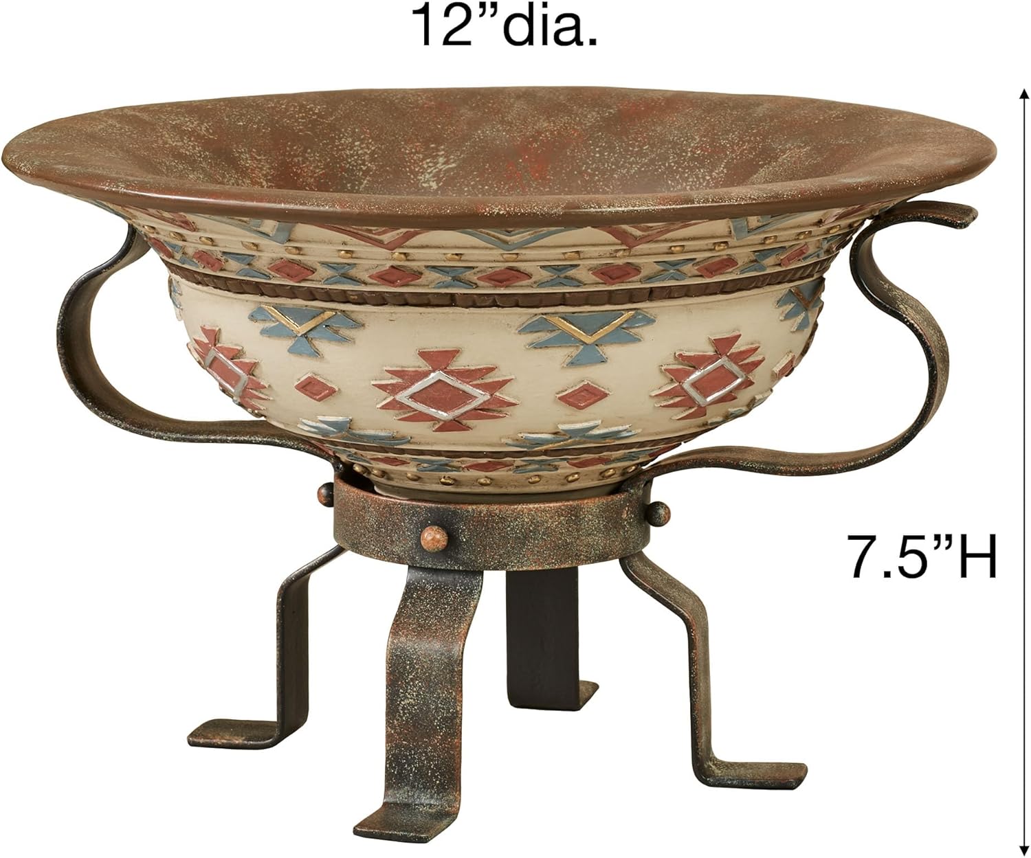 Onawa Southwest-Inspired Centerpiece Set | Handpainted Russet Red, Blue, and Ivory Southwestern Geometric Diamonds | Mottled Brown Metal Elevated Pedestal Base Stand and Decorative Resin Bowl Design