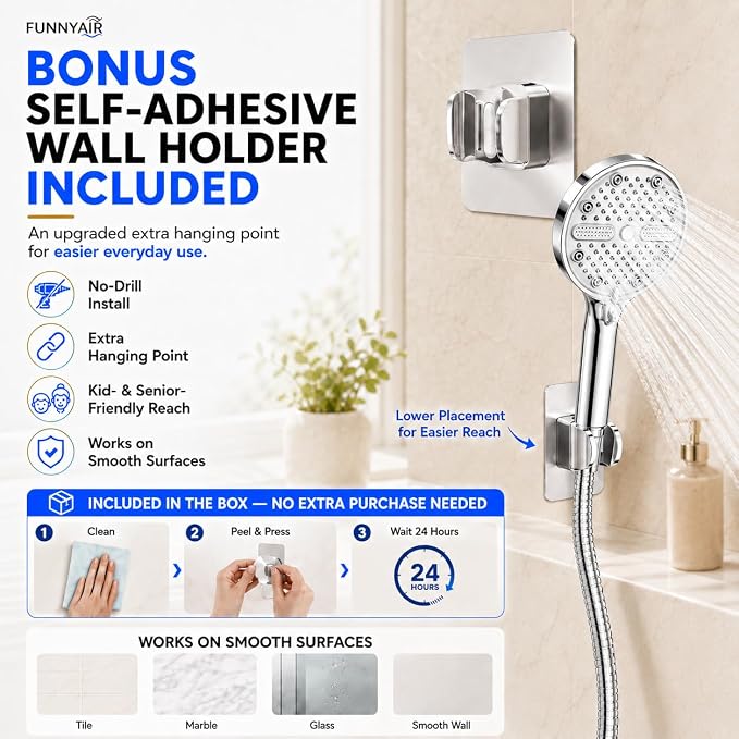 Regadera de alta presión, cromo con soporte de pared ajustable miniatura 3