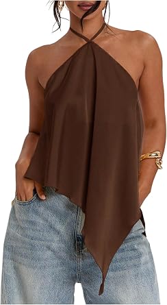 Verdusa Women's Satin Asymmetrical Halter Tops Backless Flowy Top