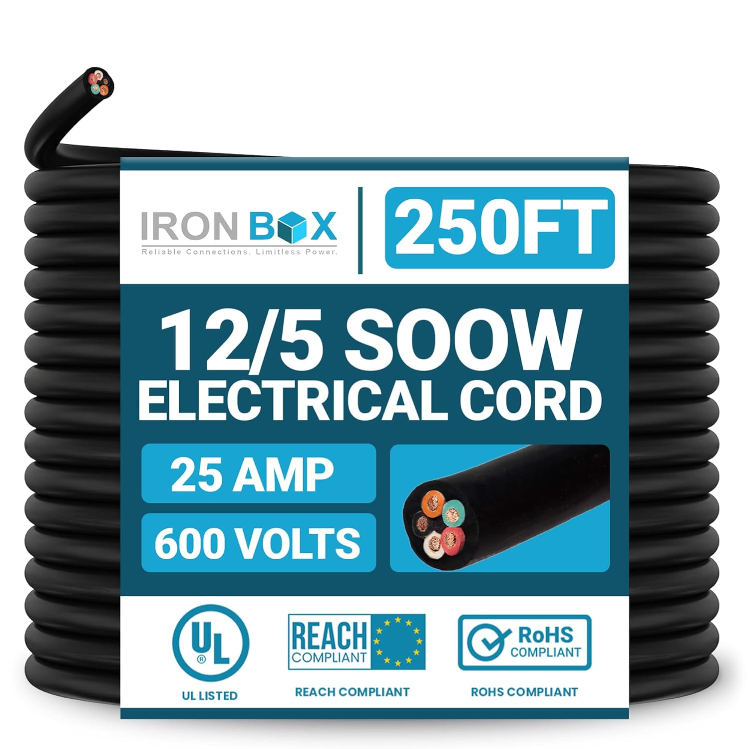 IronBox Electric - 12/5 Bulk Cable - SOOW Jacket - 12 Gauge,5 Wire - Rated for 600V,25A - Water & Oil Resistant Cable for Indoor/Outdoor Use - Ideal for Generators, Circuits & Data Centers (250 feet)
