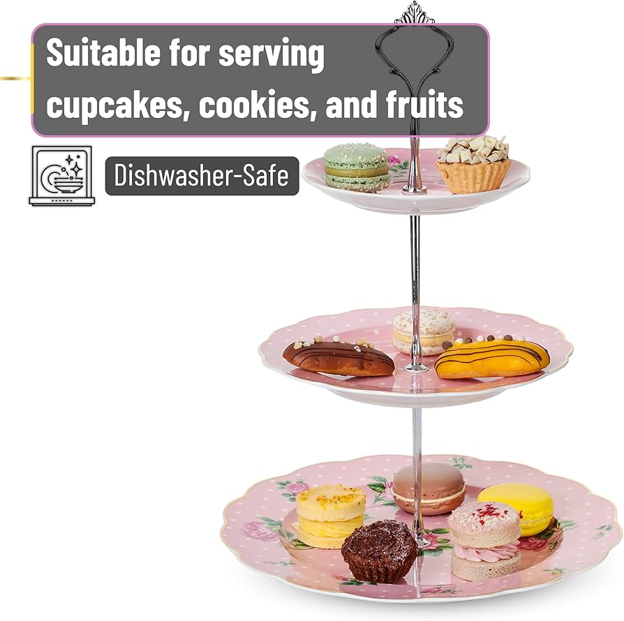 Présentoir à Gâteaux à 3 étages En Métal Avec 3 Assiettes En Porcelaine Anglaise Blanche Avec Bords Dorés (doré, 3 Niveaux