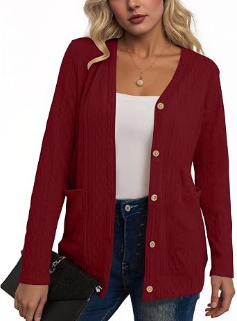 Women Casual Cardigan Sweater Button Down Cable Knit Open Front Long Sweater Lightweight Outwear Coat with Pockets