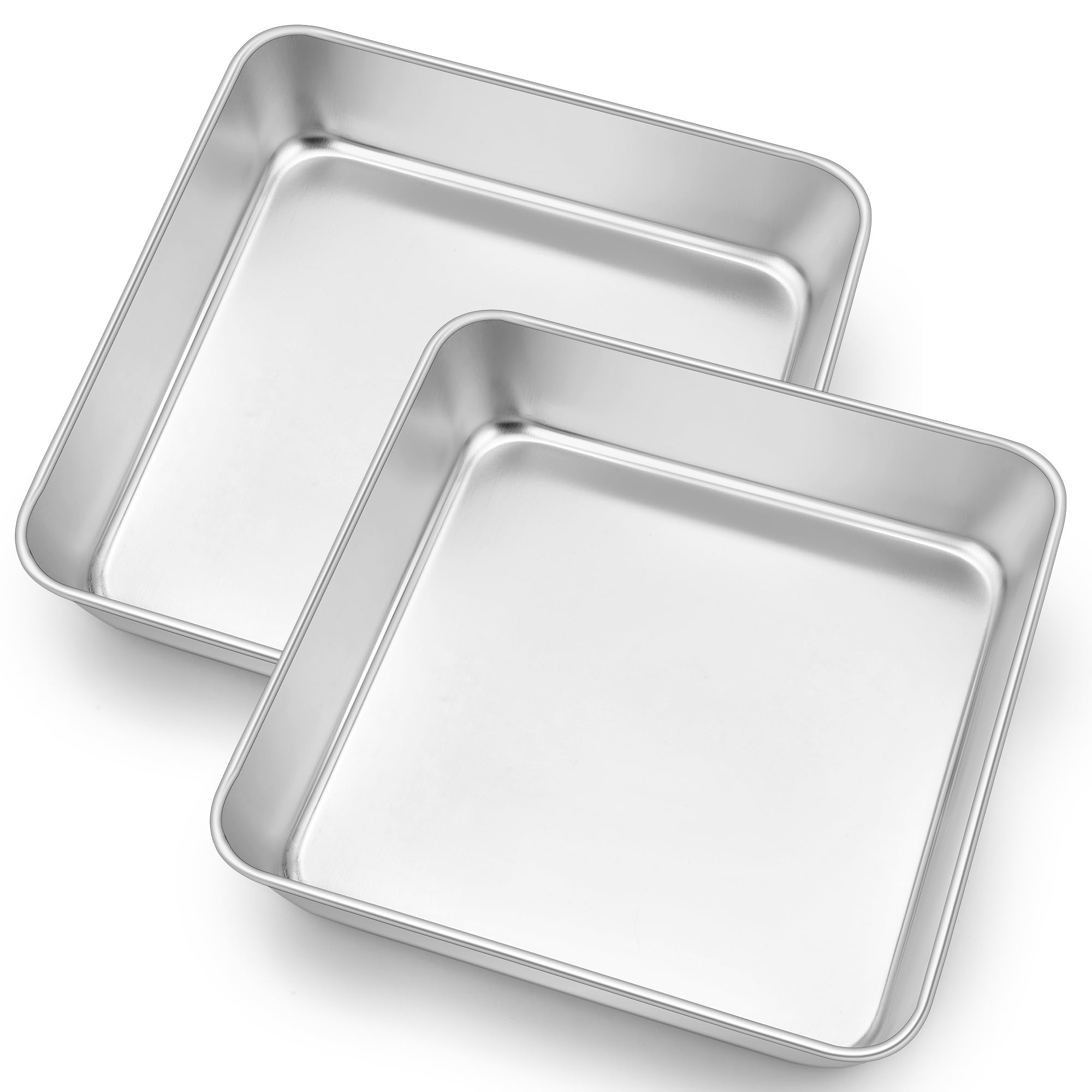 E-far 9x9 Inch Square Cake Pans Set of 2, Stainless Steel Baking Pan for Lasagna Brownies Casseroles, Silver Square Bakeware for Oven Cooking,