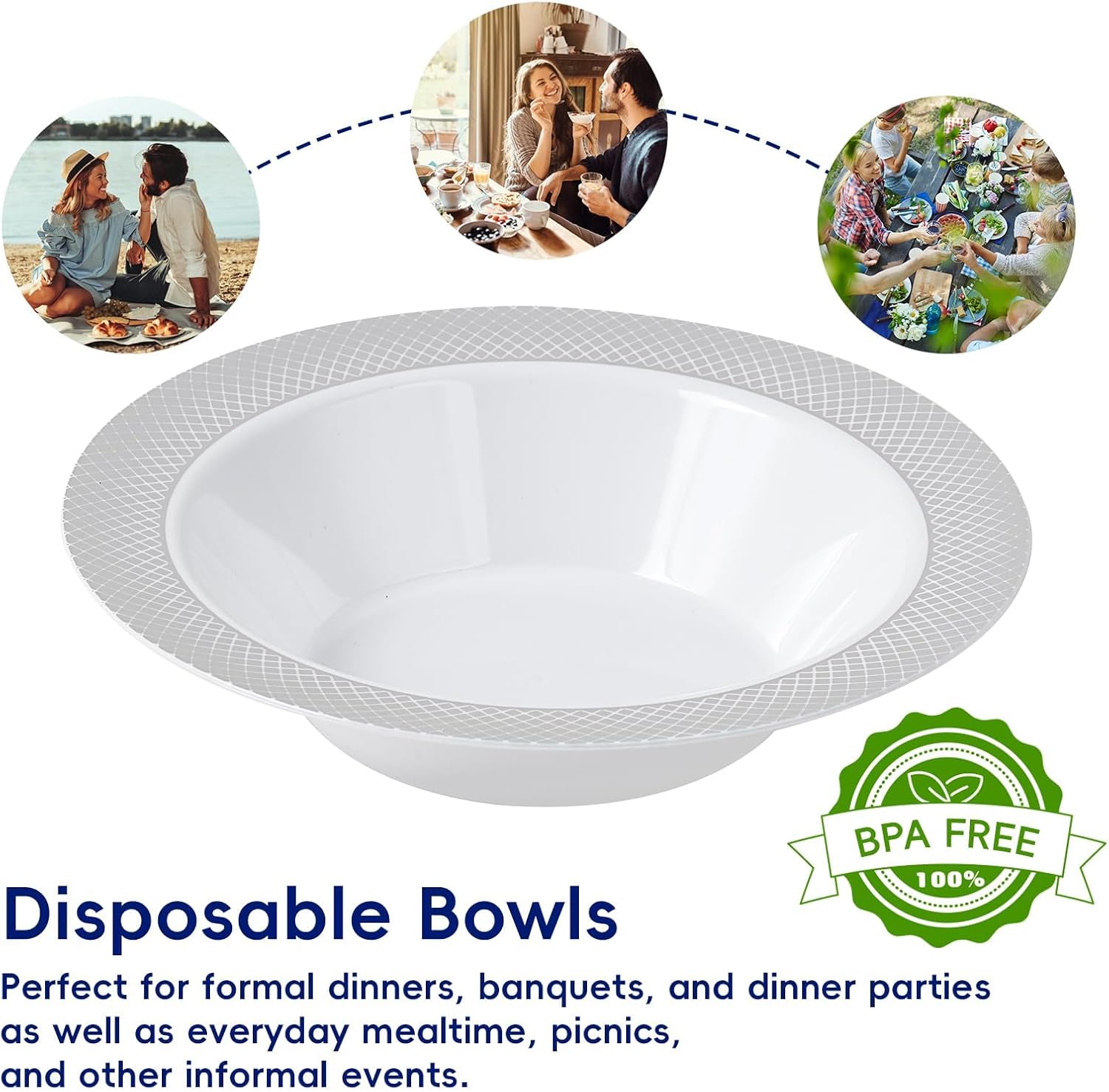 JOLLY CHEF 50 Pack Plastic Bowls with Silver Rim, 12 oz Disposable Soup Bowls, Heavy Duty Plastic Dinner Bowl for Weddings, Party, Dinners, Catering, Christmas and Everyday Use