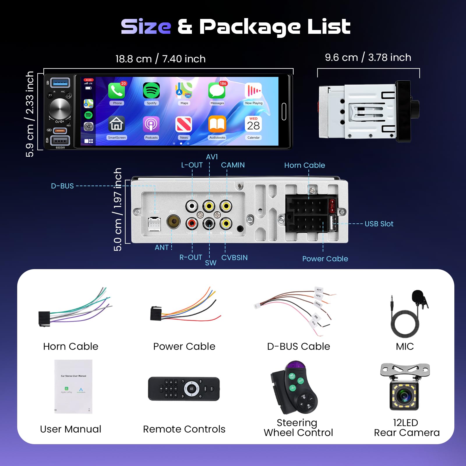 Hodozzy Autoradio 1 Din avec CarPlay Android Auto sans Fil, Ecran Tactile Incell 6,5 Pouces Poste Radio Voiture avec Bluetooth 5.2, Radio AM/FM/RDS, EQ, Lien Miroir, SWC, USB/Type-C+ Caméra de Recul
