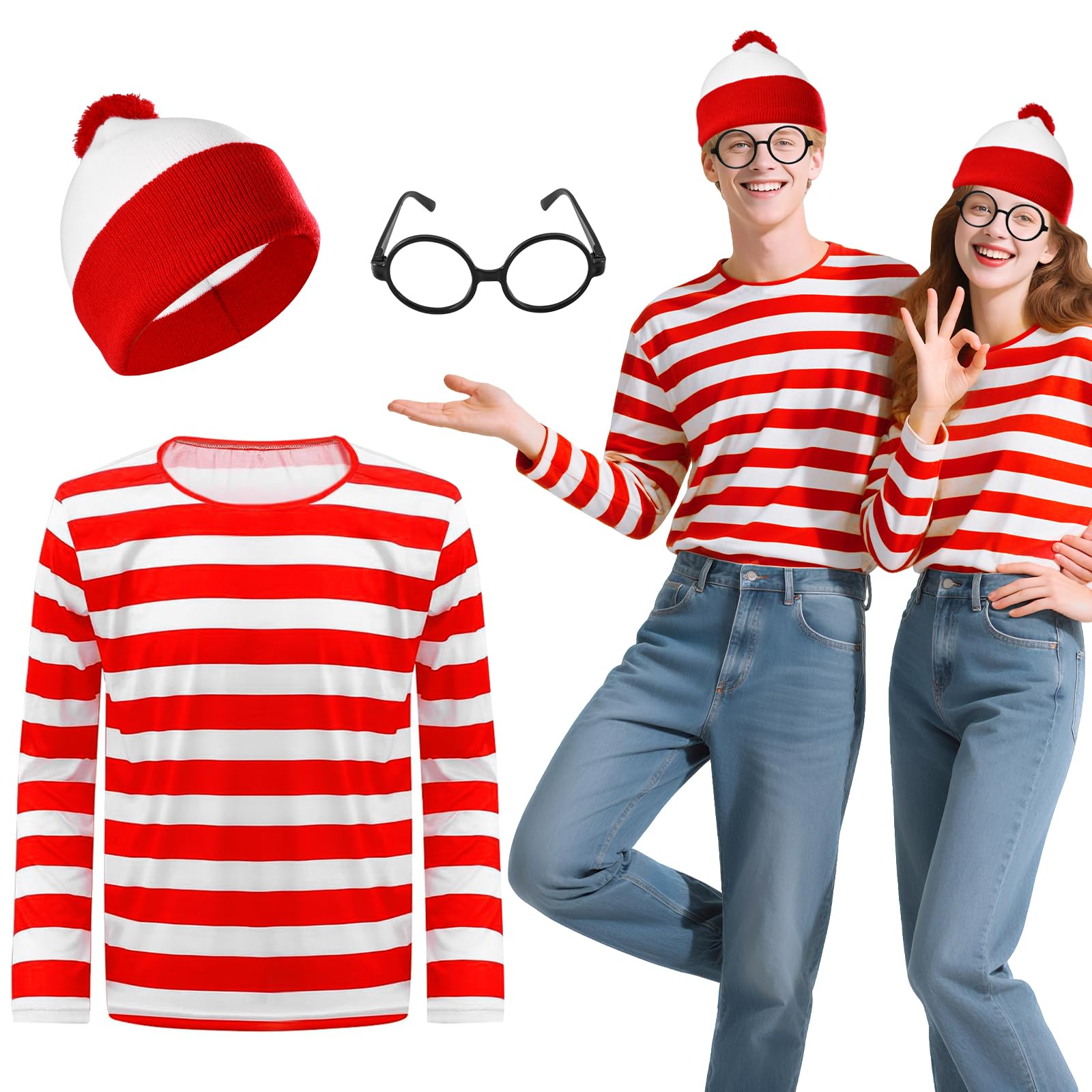 Wally Costume Set for Adult Kids,Red/White Striped World Book Day Cosplay Accessories Set, with T Shirt Socks Beanie Hat Glasses for Halloween Christmas Party School Dress up Day(L)