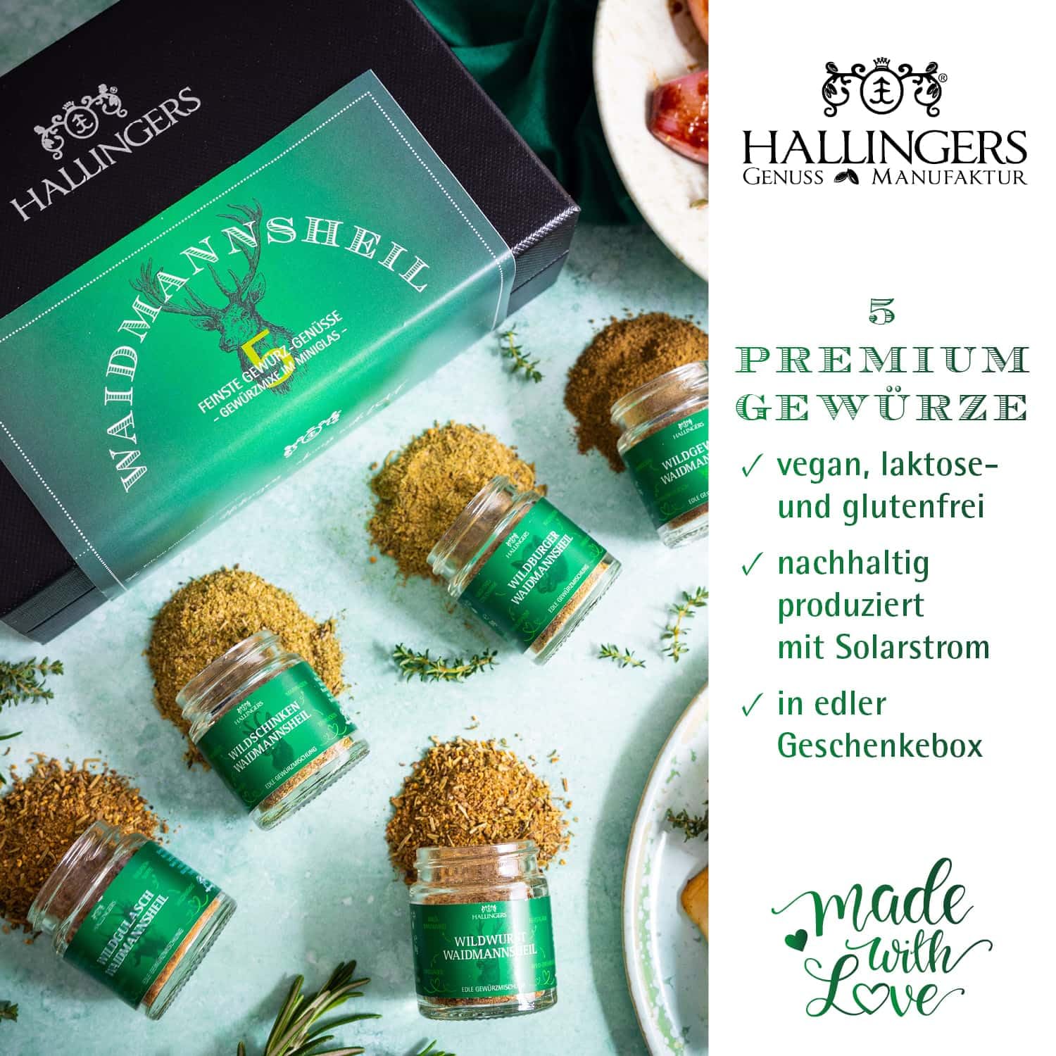 Hallingers Genuss Manufaktur Gewürz Jäger-Geschenk-Set - 5 Gewürze aus aller Welt in wertiger Geschenkbox mit Rezept-Booklet "Waidmannsheil", Jagd-Geschenkidee für Jäger