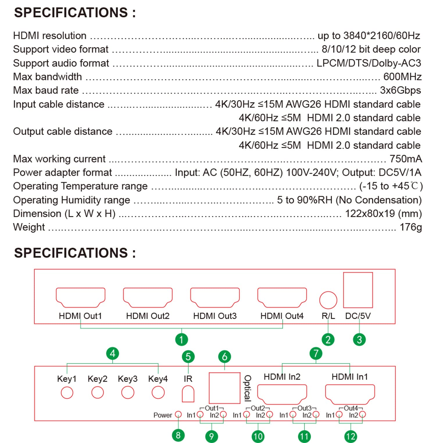 4K HDMI Matrix 2X4,4K 60Hz HDMI Matrix 2x4 Per Dolby HDMI Splitter Switch 2 In 4 out 4K 60Hz Matrix hdmi Interruttore Con Audio R/L Per PC a TV Monitor (2X4)
