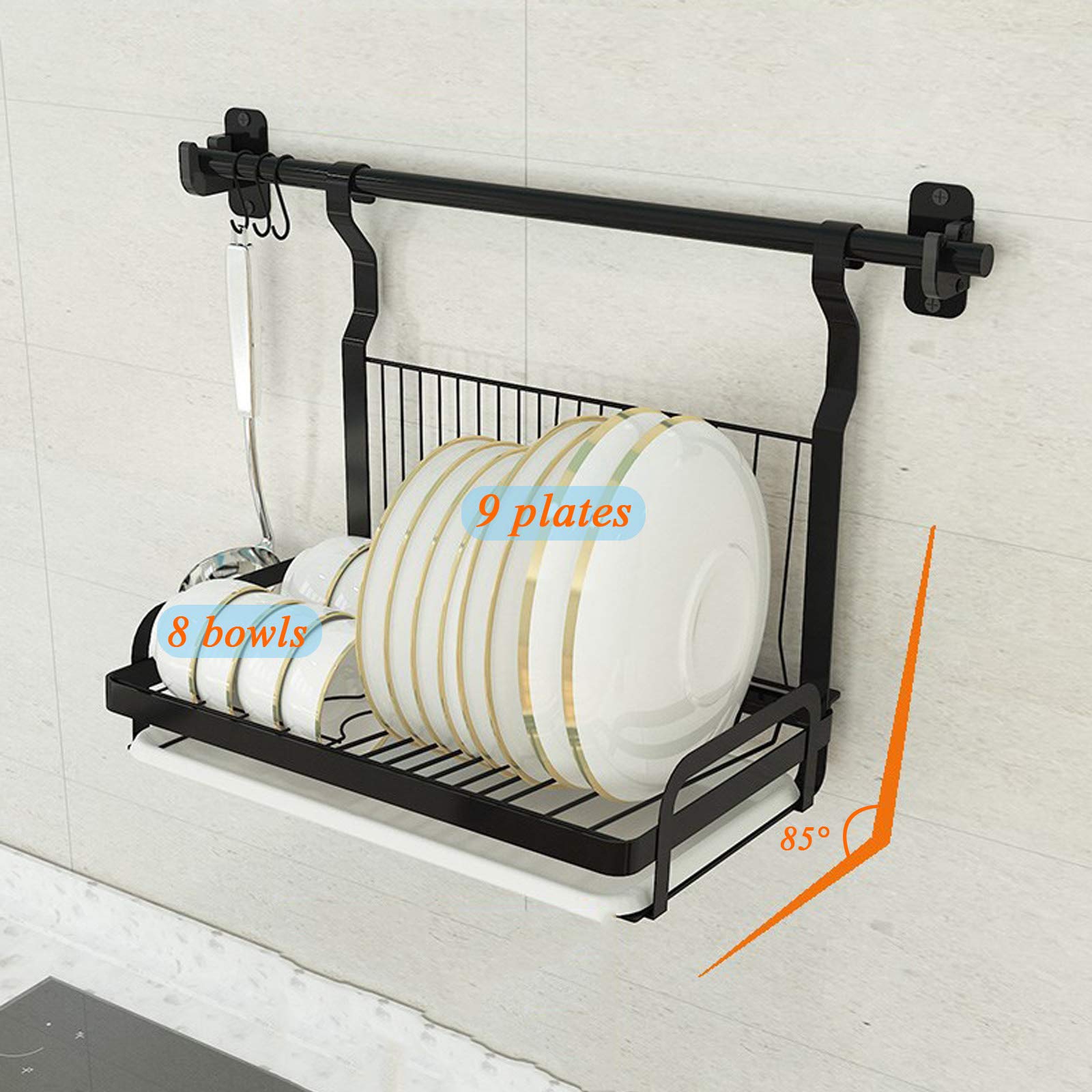 Escurridor de platos plegable de pared negro con lavabo extraíble, capacidad de 60 kg, resistente y duradero, de acero inoxidable de alta calidad, con ganchos para colgar