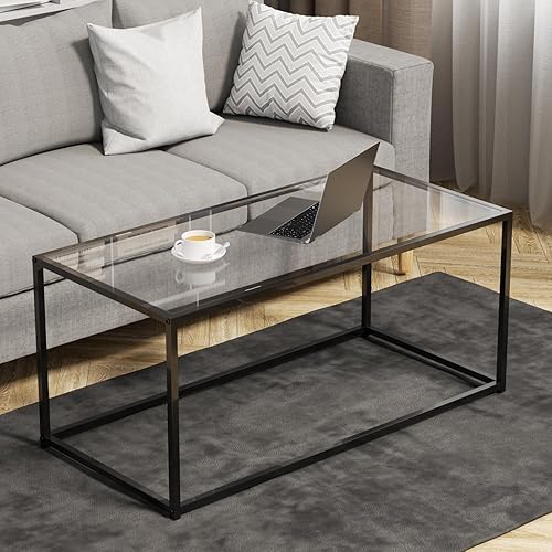 Miniatura 8 de Mesa de café redonda, pequeña mesa de café negra para sala de estar, mesa central moderna de 27" con tapa de vidrio transparente y marco de metal