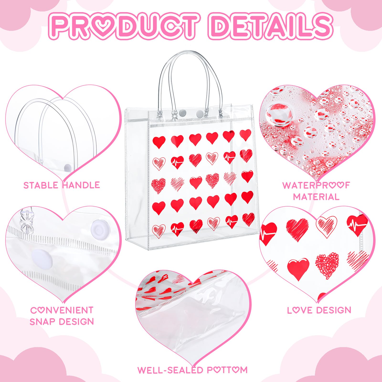 Uiifan 24 Valentines Day Clear PVC Gift Bags Valentines Transparent Heart Sayings Gift Bags with Handle Galentines Day Gifts Reusable Wrap Tote(Red)