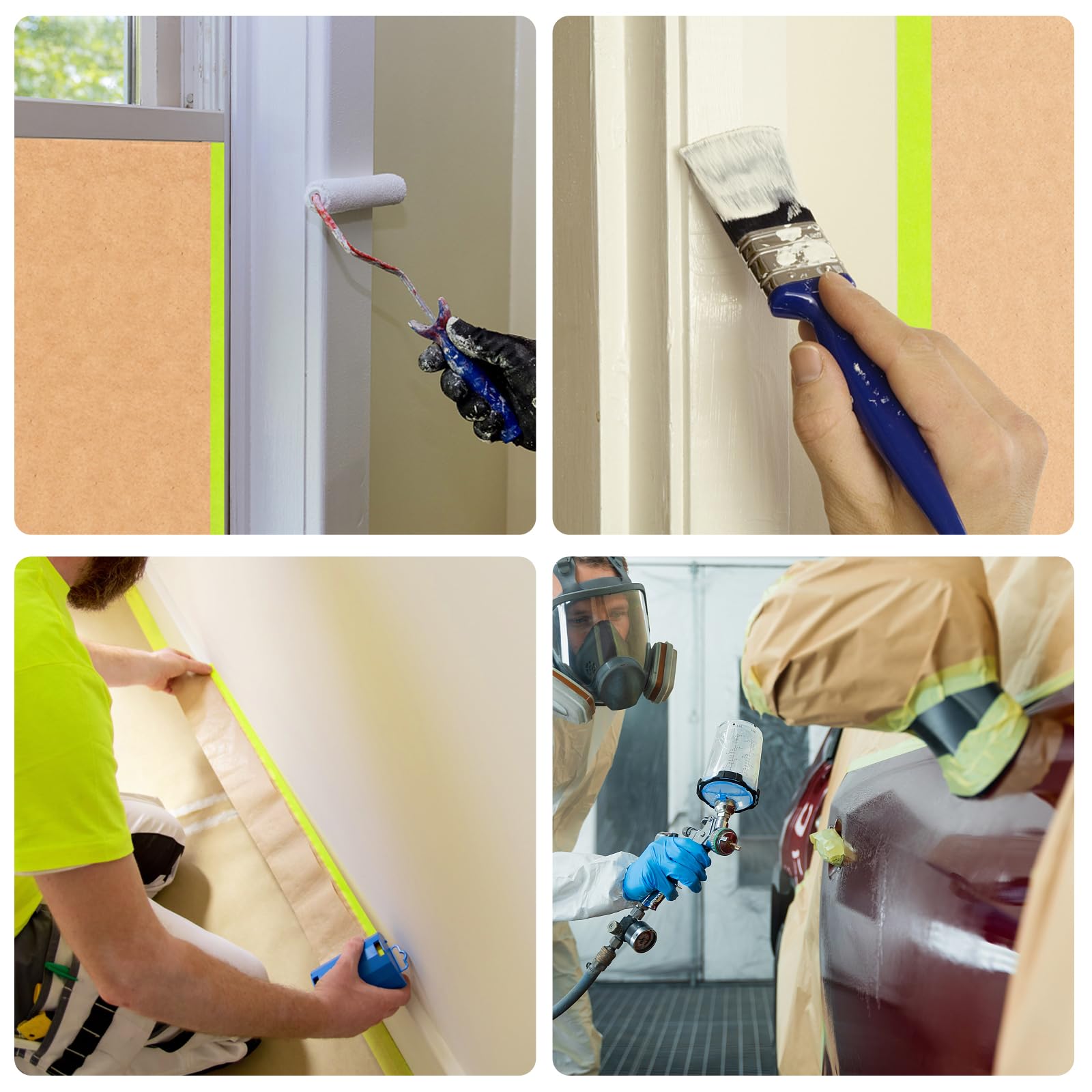 Papel de enmascarar precintado con dispensador, papel de pintor de 12 pulgadas x 66 pies y cinta adjunta para pintar casa, rollo de papel de enmascarar pintura automotriz para ventanas, automóviles