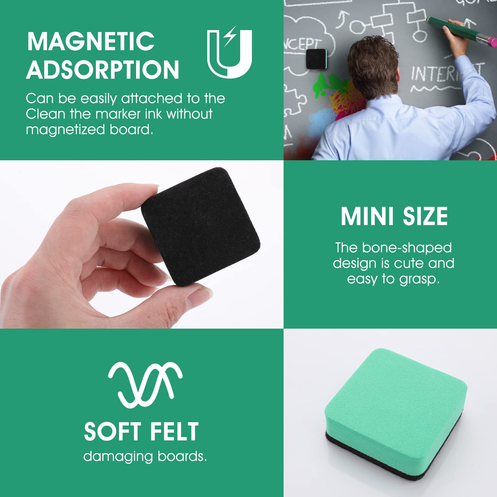 cobee Magnetischer Whiteboard Schwamm, 12 STÜCKE Mini Whiteboard Radierer mit dickem Filzpad Trockenlöscher Tafelreiniger Wischer zum Reinigen von trocken abwischbaren Tafeln geeignet (Grün)