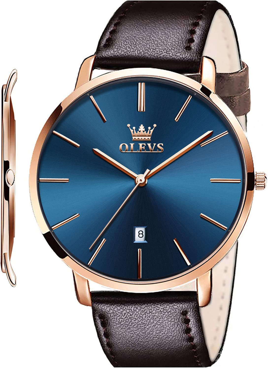 OLEVS Mens Wrist Watches Ultra Thin 6.5mm Minimalist Business Dress Waterproof & Date & Leather Strap Slim Watches for Men