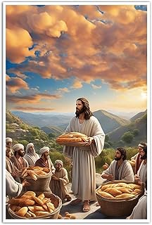 Jesus Canvas Wall Art Jesus Breaking Bread Miracle Feeding 5000 People Motivational Wall Decor Poster Print Christian Catholic Jesus God Savior Inspiring Religious Faith Art Poster Gift for Christians