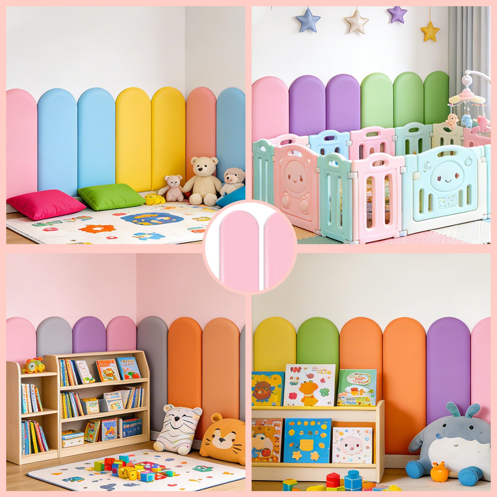 4 pezzi di pannelli murali 3D, imbottitura murale autoadesiva PU impermeabile per camera dei bambini, pannello murale imbottito con adesivo, testiera anti-collisione per letto (rosa)