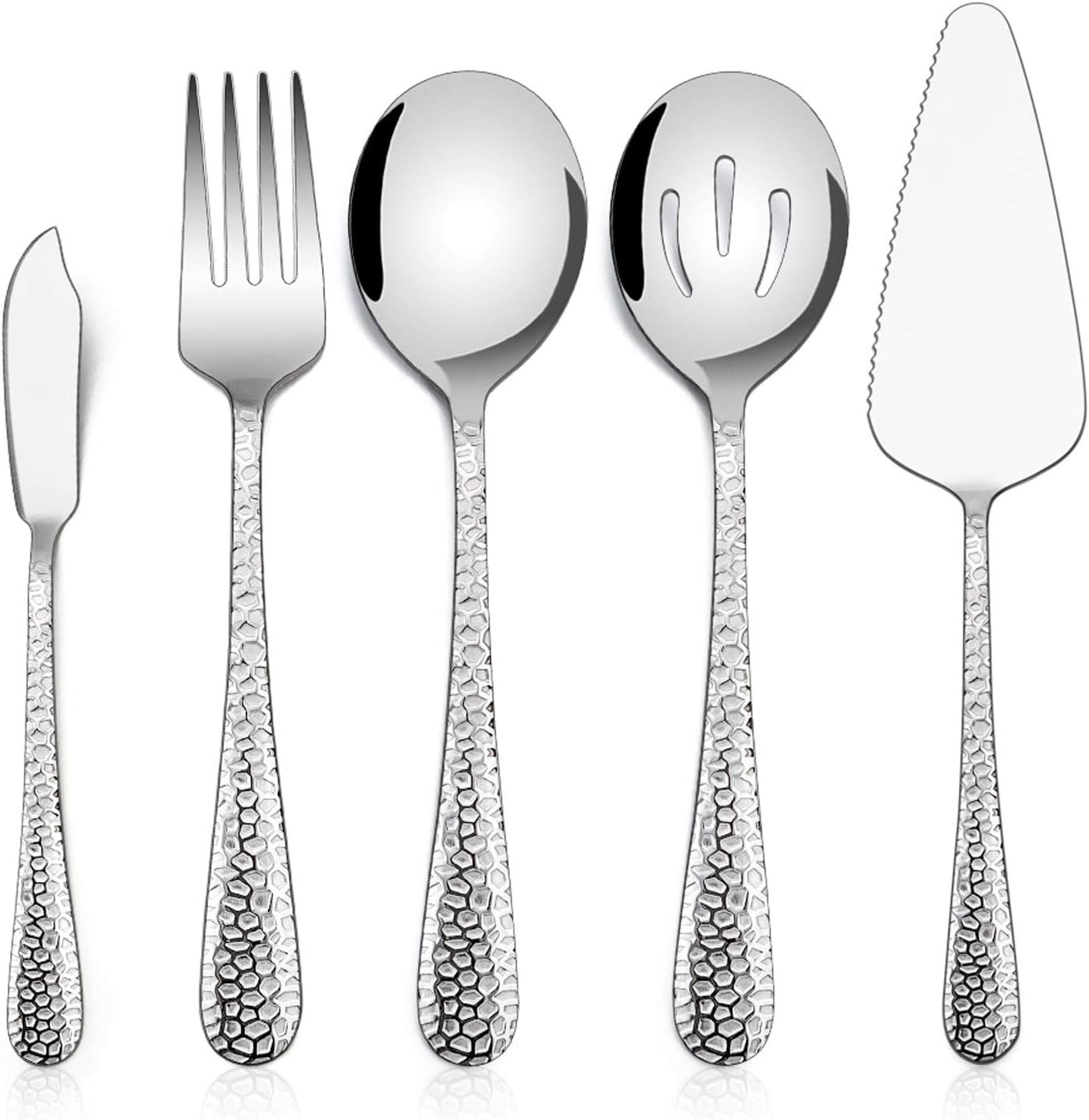 E-far Hammered Serving Utensils, 5-Piece Stainless Steel Hostess Serving Set for Buffet Party Kitchen Restaurant, Mirror Finished & Dishwasher Safe