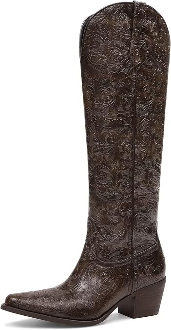 Cowboy Boots for Women Black Cowgirl Boots Embossed Knee High Western Chunky Block Heel Pointed Toe Pull On Tall Boots-Comfortable,Retro,Country,Vintage,Classic,Chic