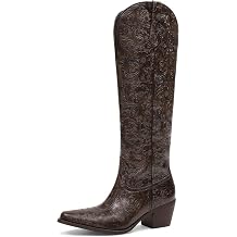 Cowboy Boots for Women Black Cowgirl Boots Embossed Knee High Western Chunky Block Heel Pointed Toe Pull On Tall Boots-Comfortable,Retro,Country,Vintage,Classic,Chic