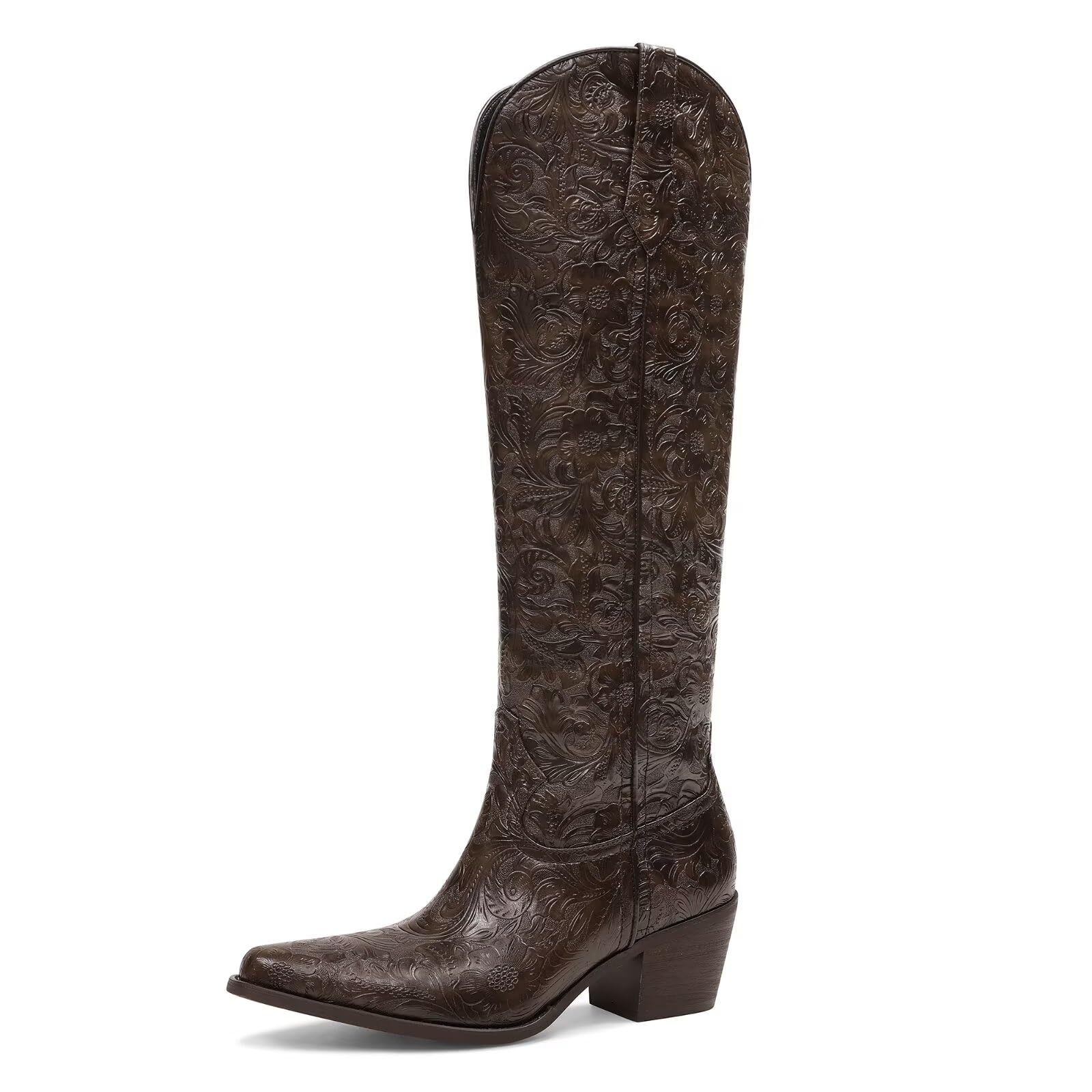 Cowboy Boots for Women Black Cowgirl Boots Embossed Knee High Western Chunky Block Heel Pointed Toe Pull On Tall Boots-Comfortable,Retro,Country,Vintage,Classic,Chic-image-23