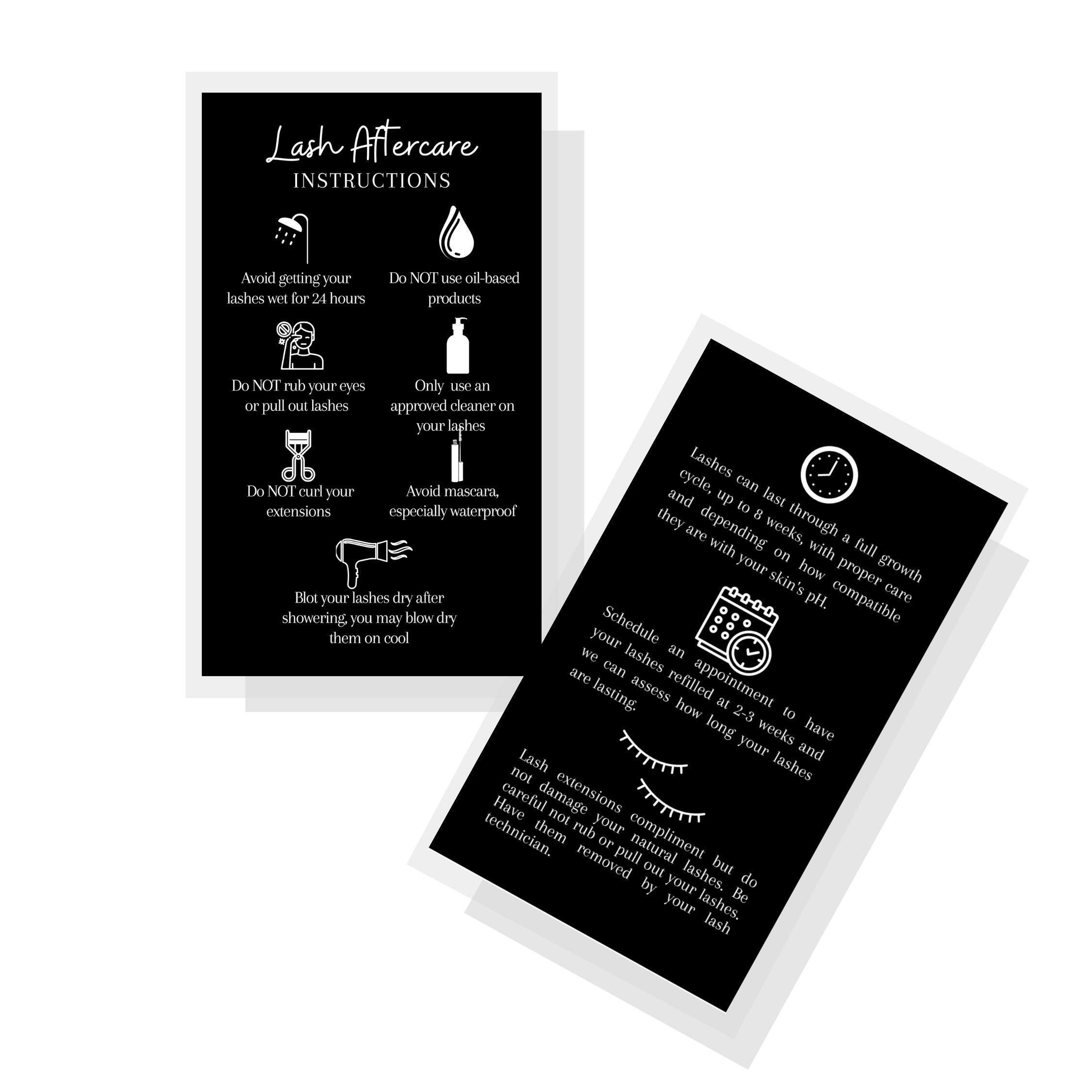 Boutique Marketing LLC Lash Extension Aftercare Instructions Cards,50 Pack,Double Sided Size 3.5 x 2 inchinch After Care (2-3 Week Fillers),Black with White Design