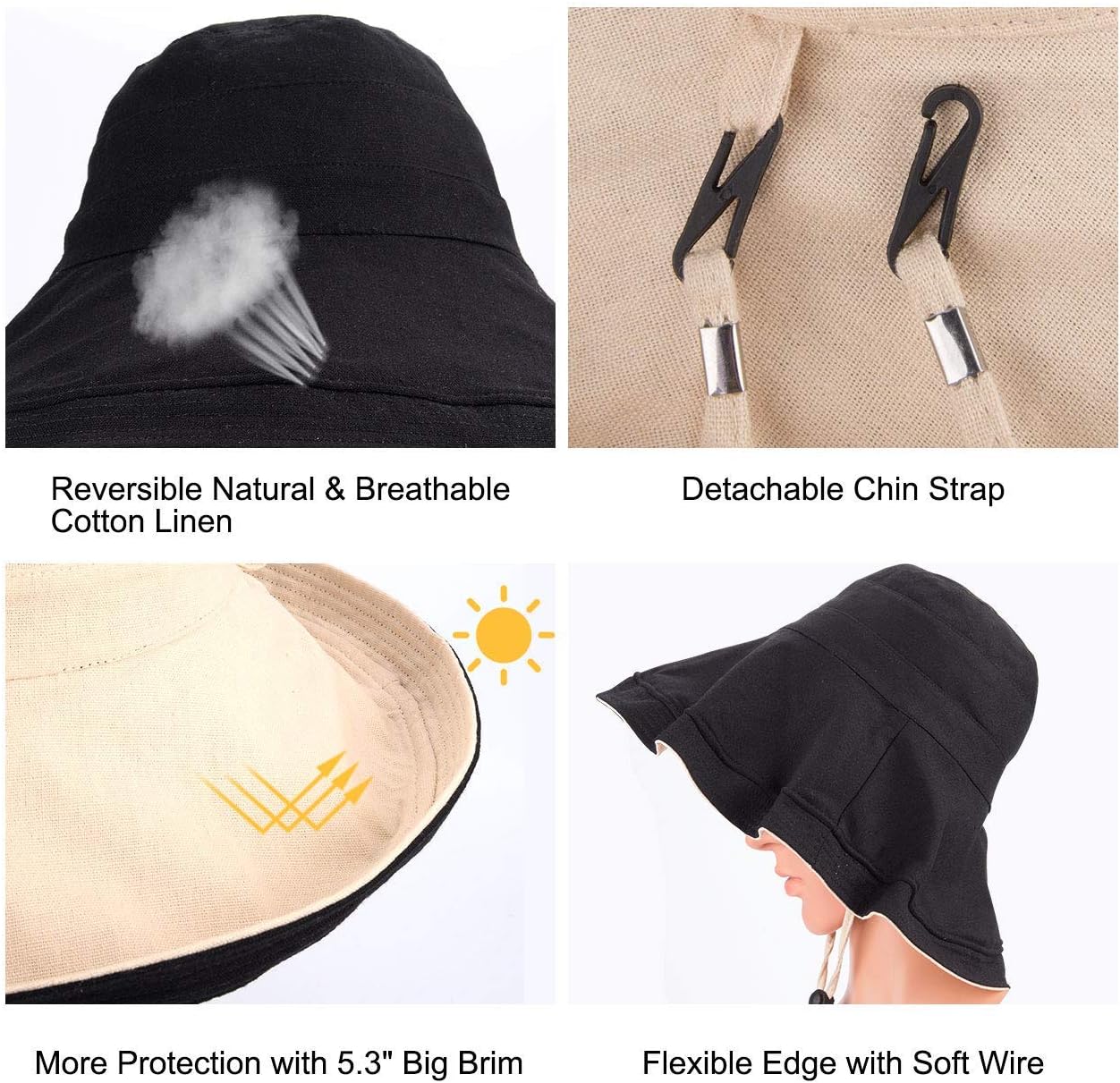 Women's Foldable Flap Cover UV Protective Wide Brim Bucket Cotton Beach Sun Hat Summer Hat image 5