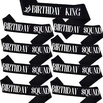 9PCS Birthday Squad Sashes for Men, Black Birthday King Sash Set for Funny 16th 18th 21st 30th 40th 50th 60th or Other Bday Party Favors Decorations