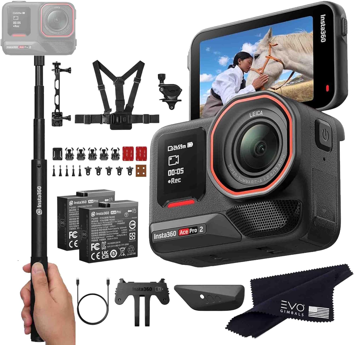 Insta360 Ace Pro 2 Snow Bundle- 8K Waterproof Action Camera Co-Engineered with Leica, Flagship 1/1.3" Sensor, 8K30, 2.5" Flip Screen|Includes Snow Bundle, Invisible Selfie Stick