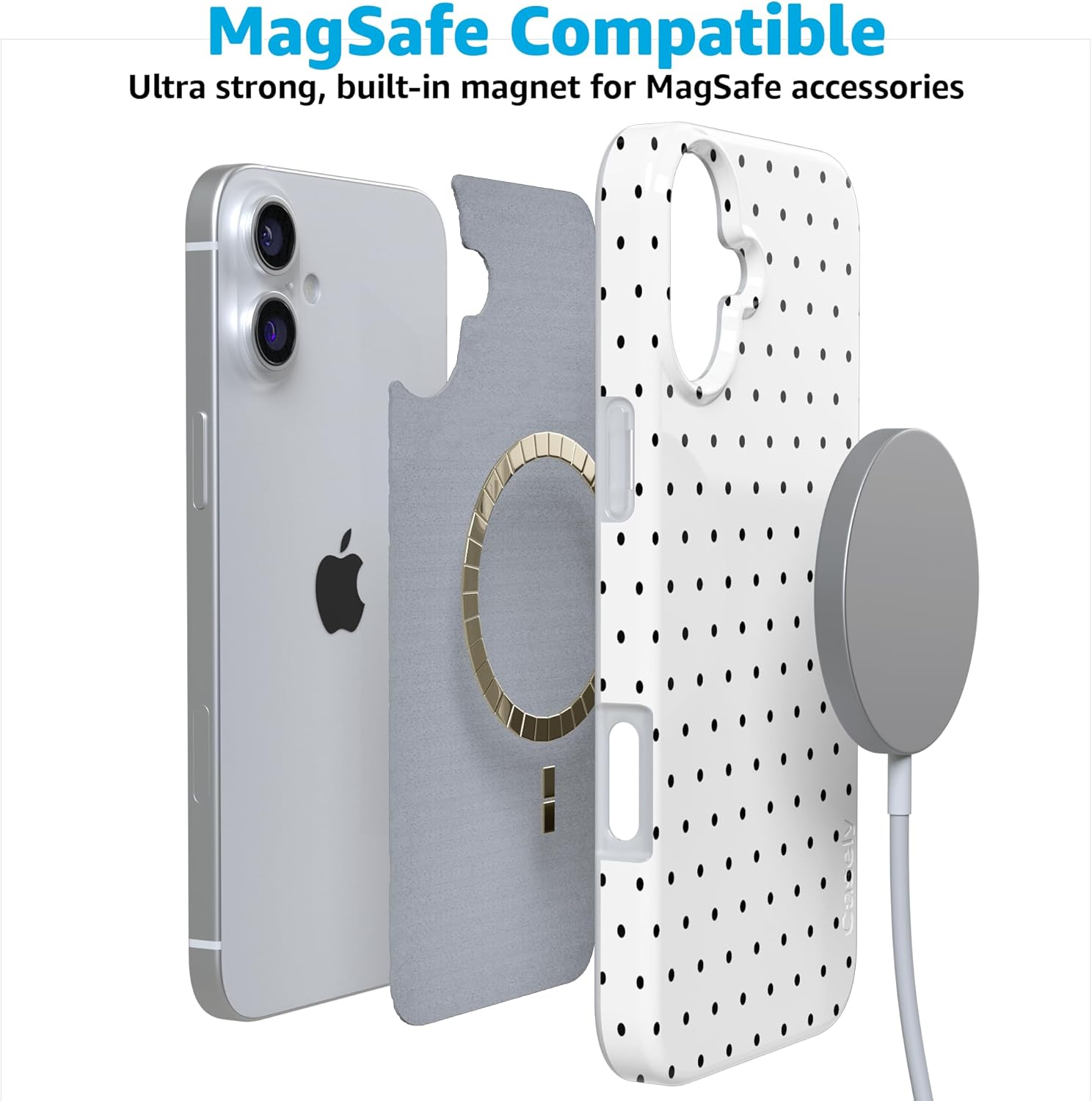 Casely iPhone 16 Case | On the Dot | White Polka Dot | Compatible with MagSafe | Classic Ultra Slim Design