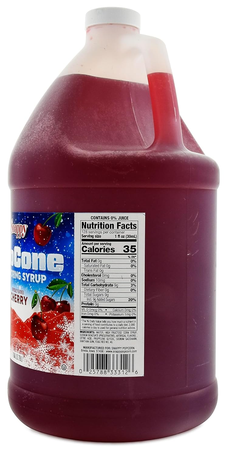 Snappy Cherry Sno Cone Syrup, 1 Gallon 4 Pack, Ready to Use for Snow Cone Machines and Shaved Ice