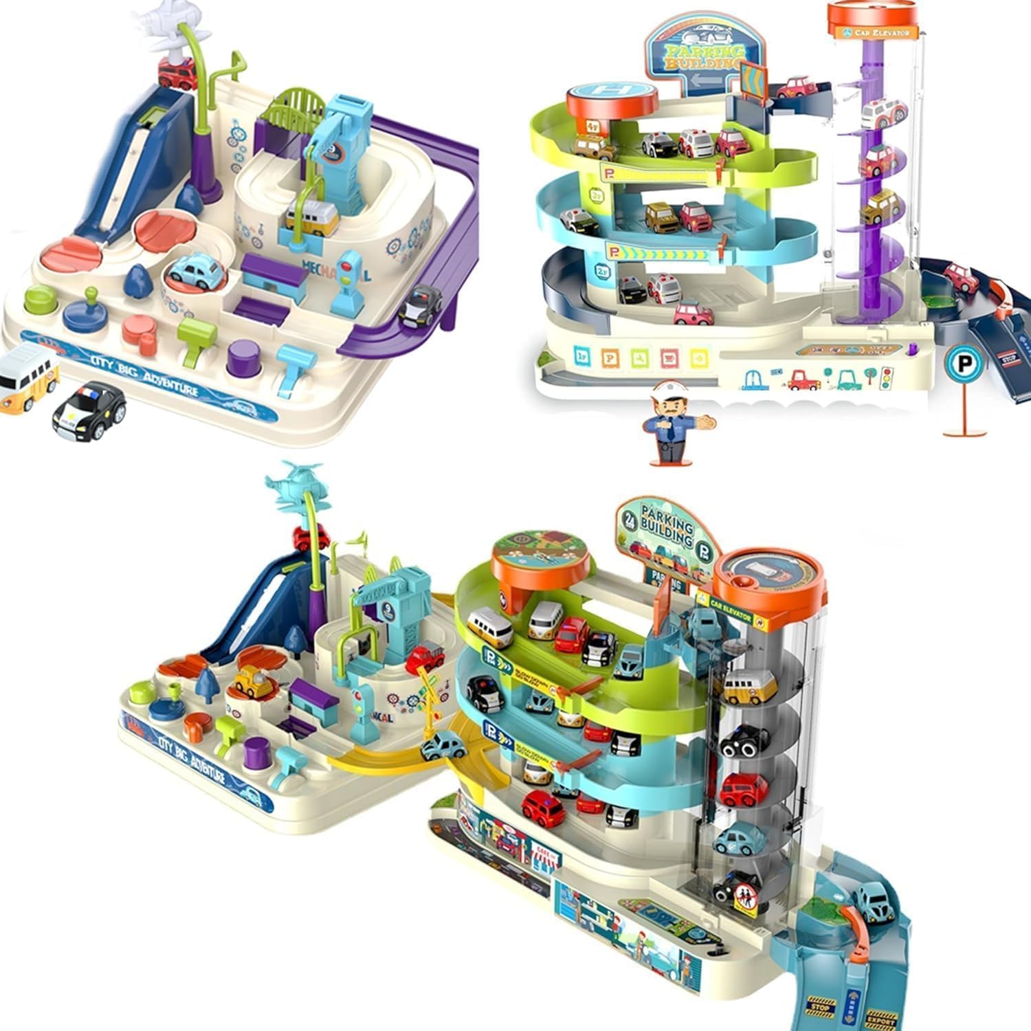 KING FORU Slot Car Electric Racing Track for Kid Playset for Boys with 2 Slot Cars and 2 Hand Controllers,1:44 Scale with Headlights Dual Racing, Toys (Car Adventure & Parking Building Toy Set)