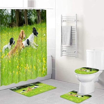 Amazon シャワーカーテン4点セット 夏の牧草地で遊ぶ犬 滑り止めラグ トイレ蓋カバー バスマット12フック 防水防カビバスルーム装飾 シャワーカーテン ホーム キッチン オンライン通販