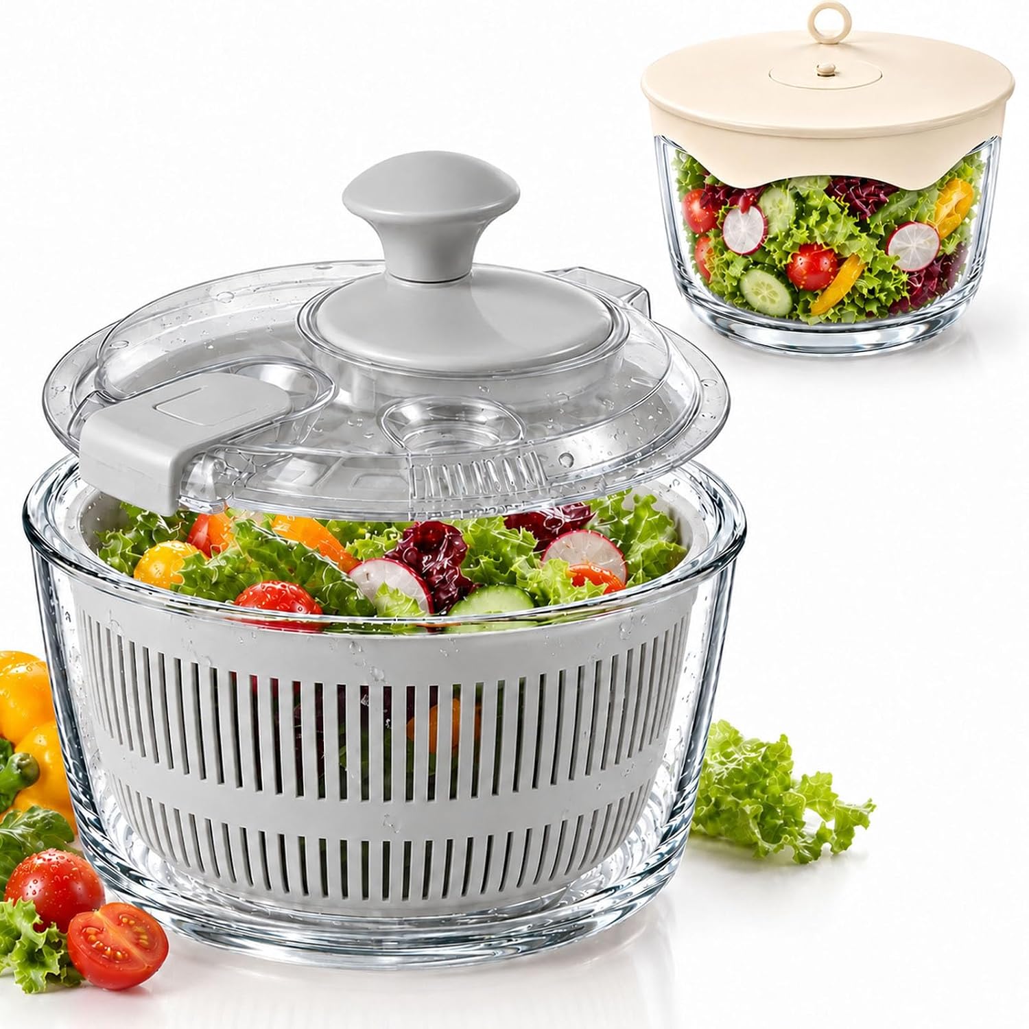 3.2 Qt Glass Salad Spinner with Storage Lid Gray