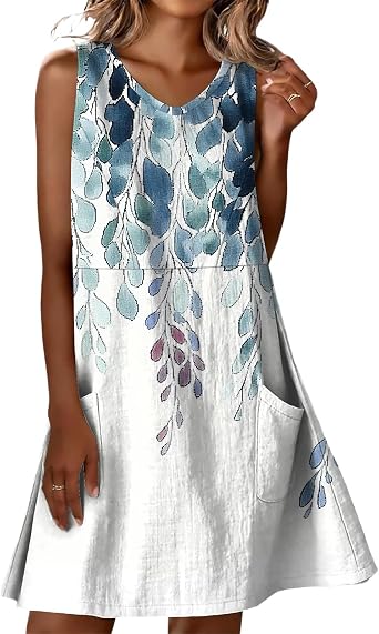 Beach Dresses for Women UK Women's Elegant Print V Neck Sleeveless Beach Dress Summer, A-Line Midi Dress Casual High Waist Vacation Dres Loose Swing Sundress Holidy Dres